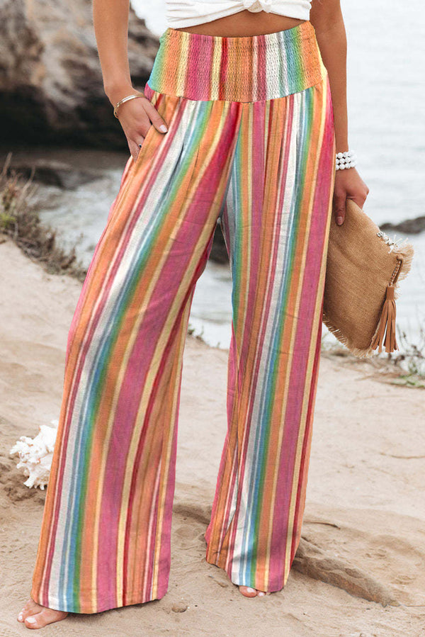 Multicolor Striped Smocked High Waisted Wide Leg Beach Pants