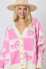 Pink Bowknot and Checkered Drop Shoulder Cardigan