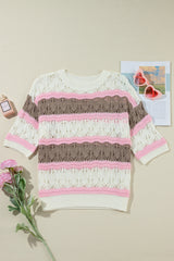 Brown Stripe Color Block Hollow Crochet Sweater