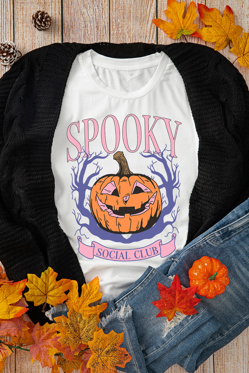 White SPOOKY Pumpkin Print Round Neck Halloween T Shirt