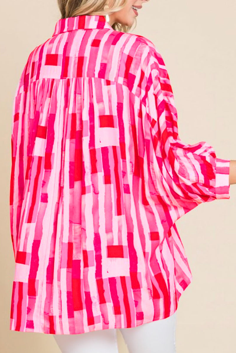 Pink Abstract Print Batwing Sleeve Loose Shirt