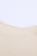 Beige Ribbed Lace Crochet Long Sleeve Henley Shirt for Women