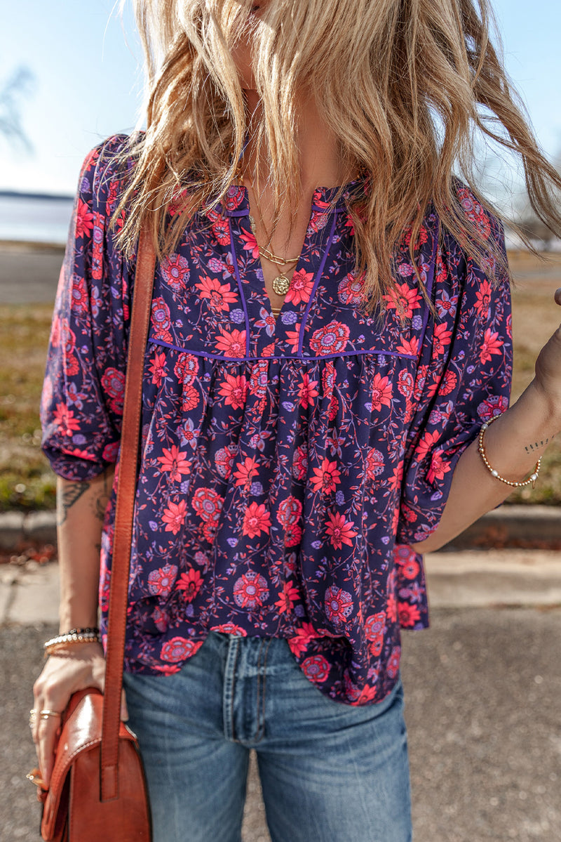 Purple Floral Puff Half Sleeve Split Neck Blouse