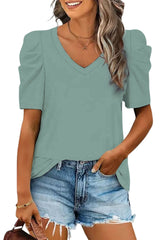 Green Solid Puff Sleeve Casual V Neck T-Shirt