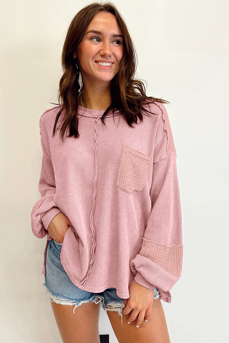 Pink Waffle and Crinkle Patchwork Long Sleeve Top