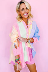 Pink Stripe Color Block Buttoned Oversized Shirt