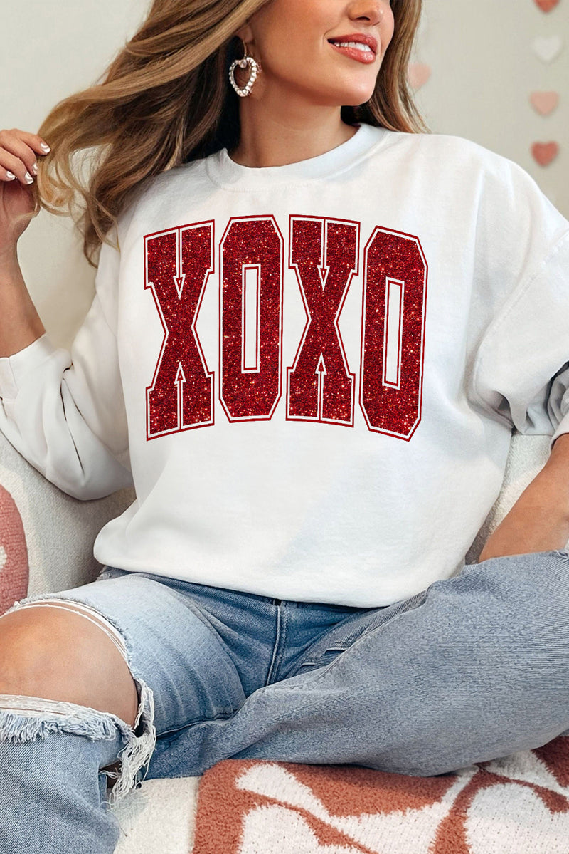 White Glitter XOXO Graphic Crewneck Valentines Pullover Sweatshirt