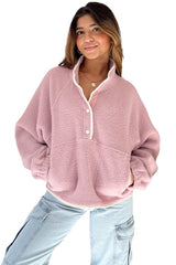 Fushia High Collar Long Sleeve Pocket Pullover Sweatshirt