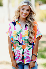 Multicolour Abstract Leaf Print Button Up Short Sleeve Blouse