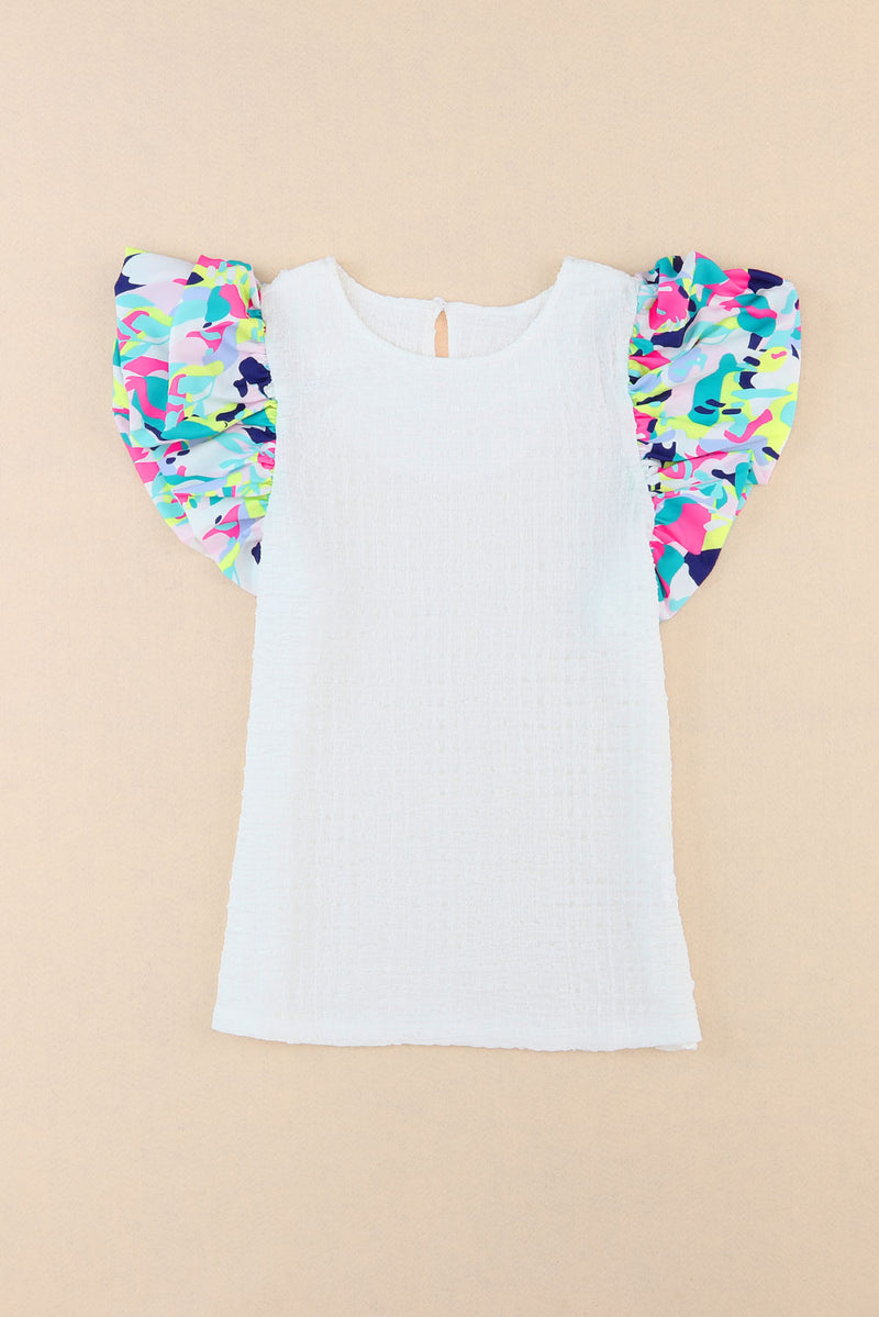 White Abstract Print Puff Sleeve Textured Top