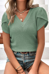 Mist Green Tulip Sleeve Waffle Knit V Neck T-Shirt