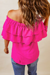 Rosy Lace Up Off The Shoulder Casual Ruffle Tiered Blouse