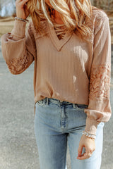 Apricot Lace and Waffle Knit Crisscross Straps V Neck Long Sleeve Top