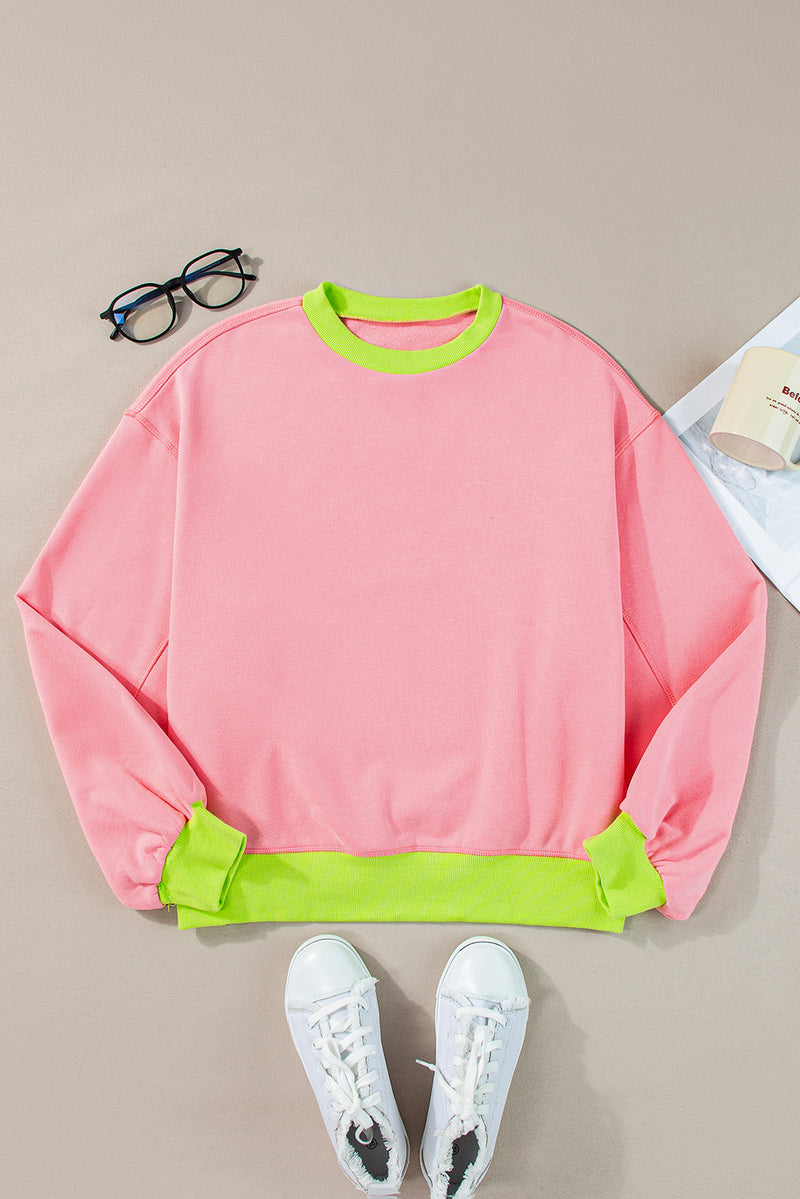 Pink Contrast Trim Bubble Sleeve Sweatshirt