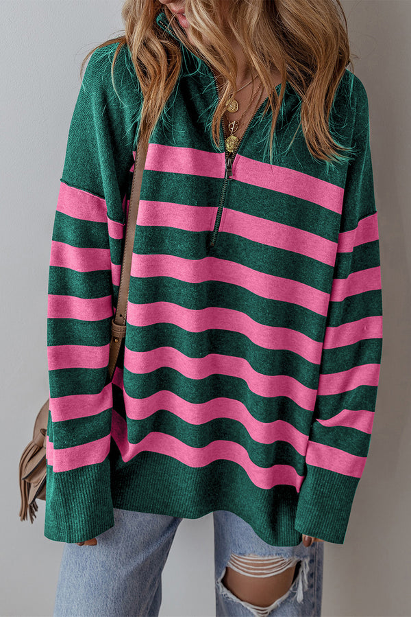 Green Striped Collared Quarter Zip Oversized Sweater