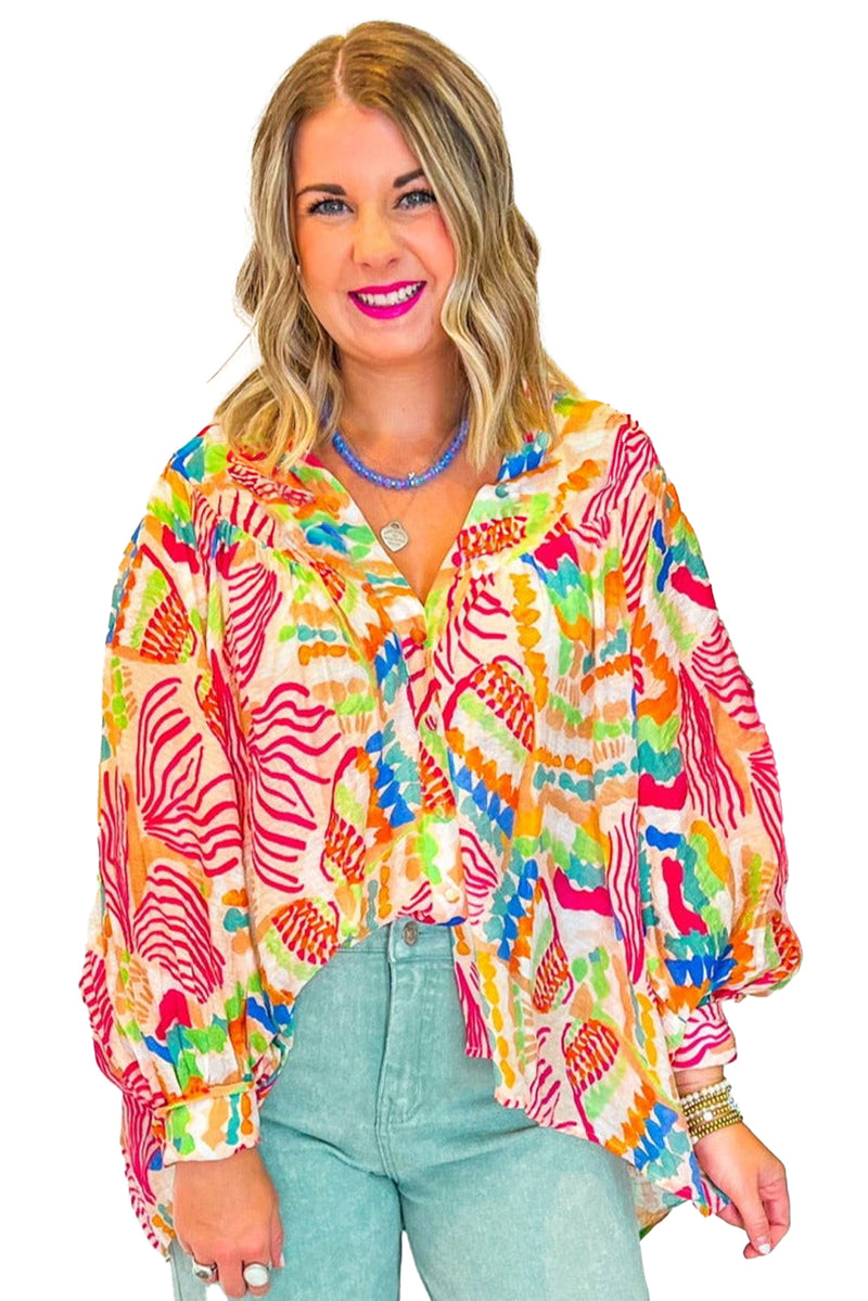 Orange Abstract Printed Long Sleeve Oversized Button Shirt