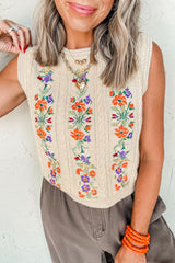 Jet Stream Embroidered Floral Cable Knit Vest Top