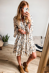 Black Leopard Button V Neck Flowy Mini Dress