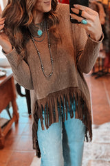 Coffee Waffle Patchwork Fringe Hem High Low Loose Top