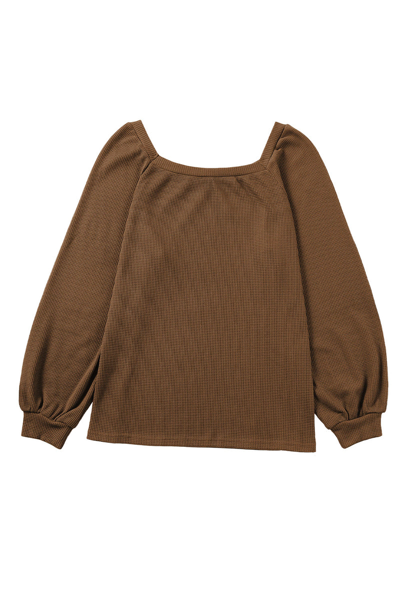 Brown Waffle Texture Casual Square Neck Pullover Top