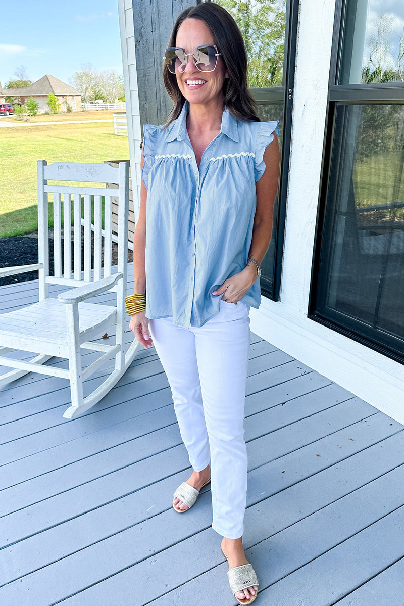 Sky Blue Ric Rac Trim Collared Pleated Ruffle Top