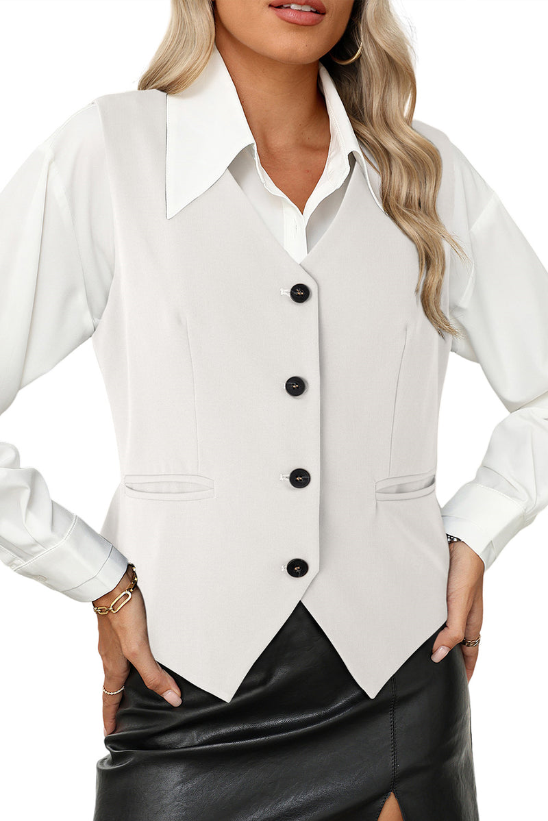 White Solid Color Button Up V Neck Suit Vest