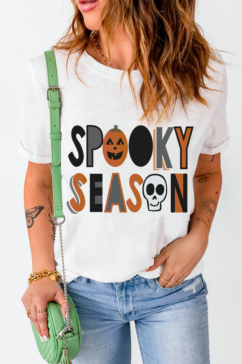 White Pumpkin Skull Floral SPOOKY SEASON Halloween T Shirt