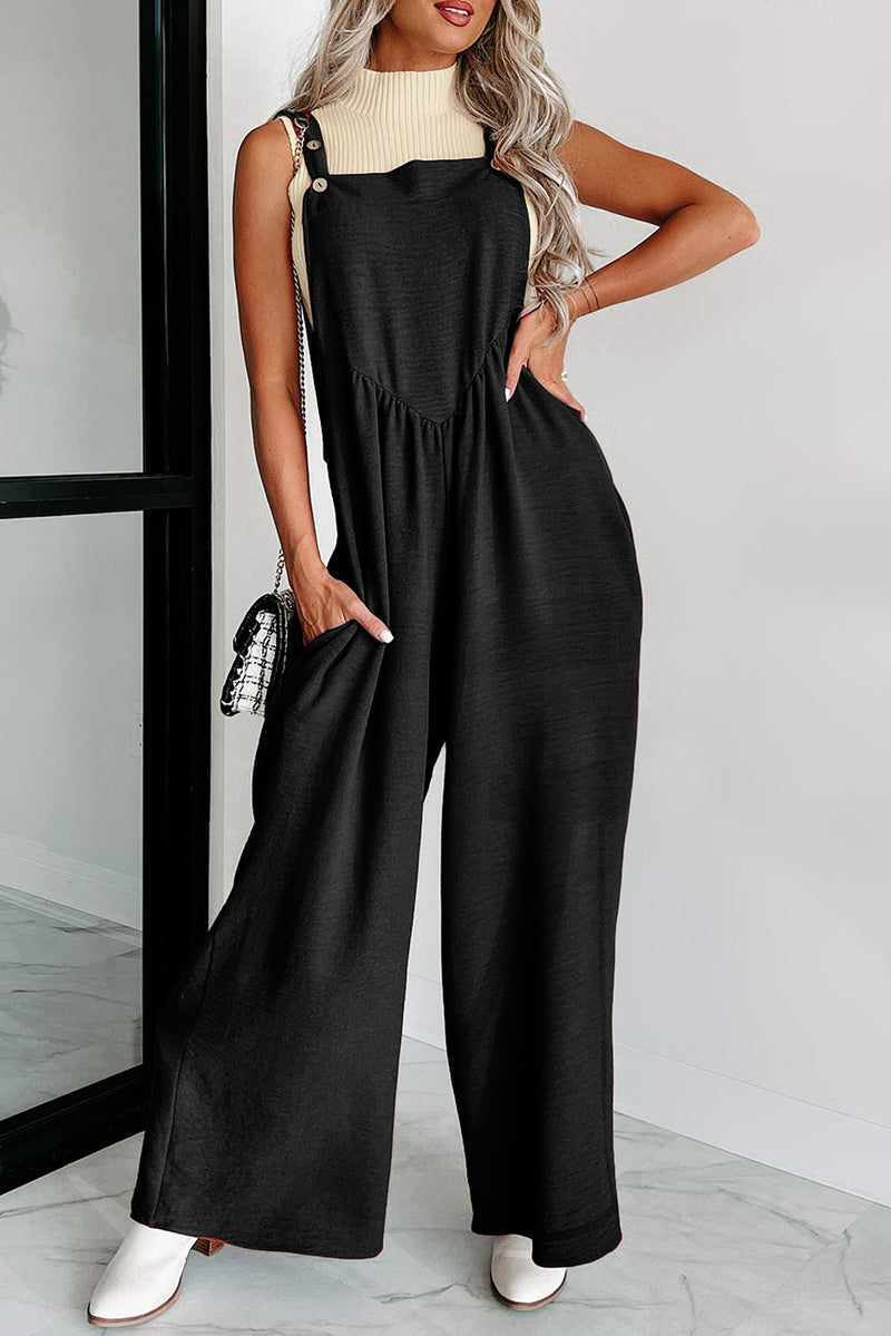 Gold Flame Buttoned Straps Ruched Wide Leg Jumpsuit