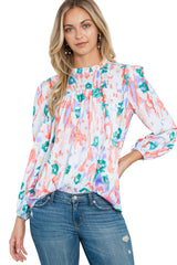 Multicolor Abstract Print Smocked Long Sleeve Blouse