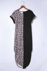 Rose Leopard Patchwork Pocket Casual T-Shirt Dress With Slits