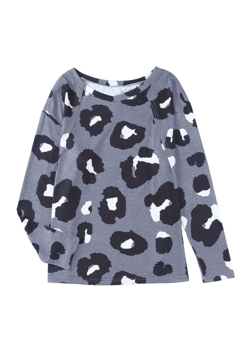 White Leopard Print Casual Loose Long Sleeve Top