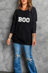 Black Chenille BOO Patched Pattern Crewneck Halloween Sweatshirt