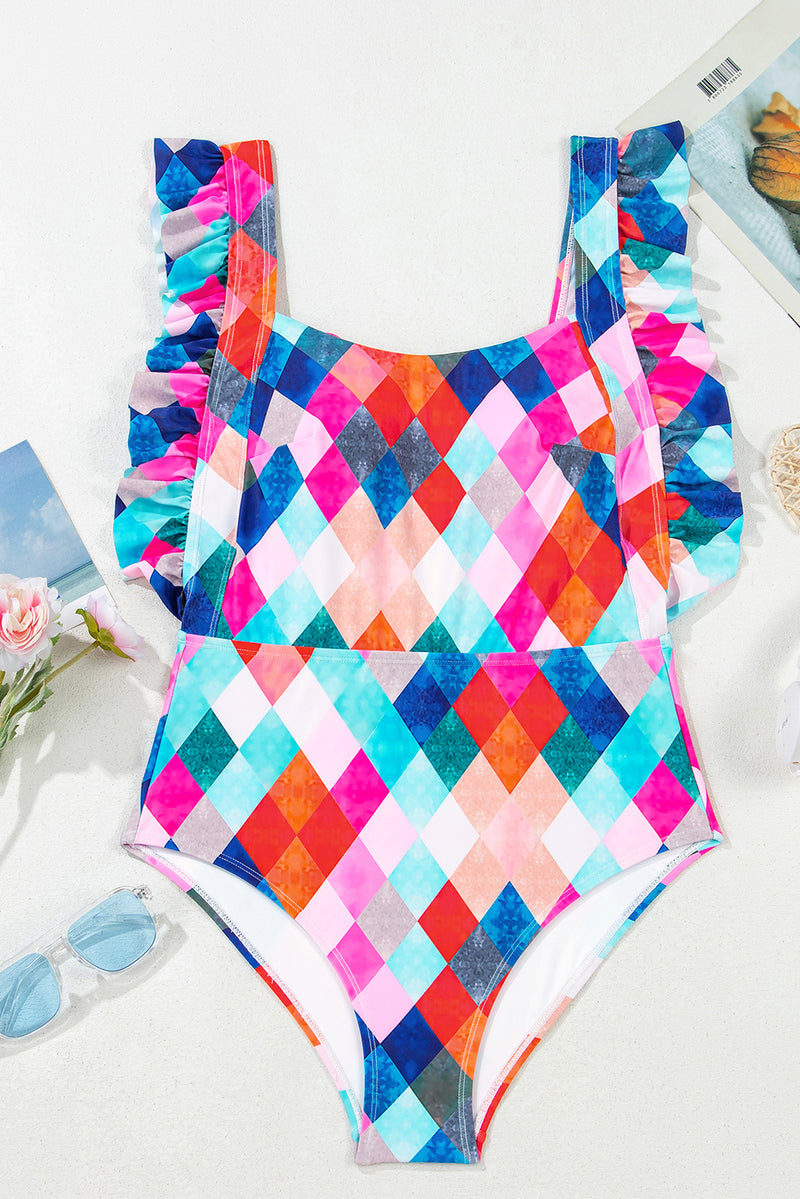 Multicolor Plaid Print Square Neck Frill Sleeveless Backless One-piece Swimwear