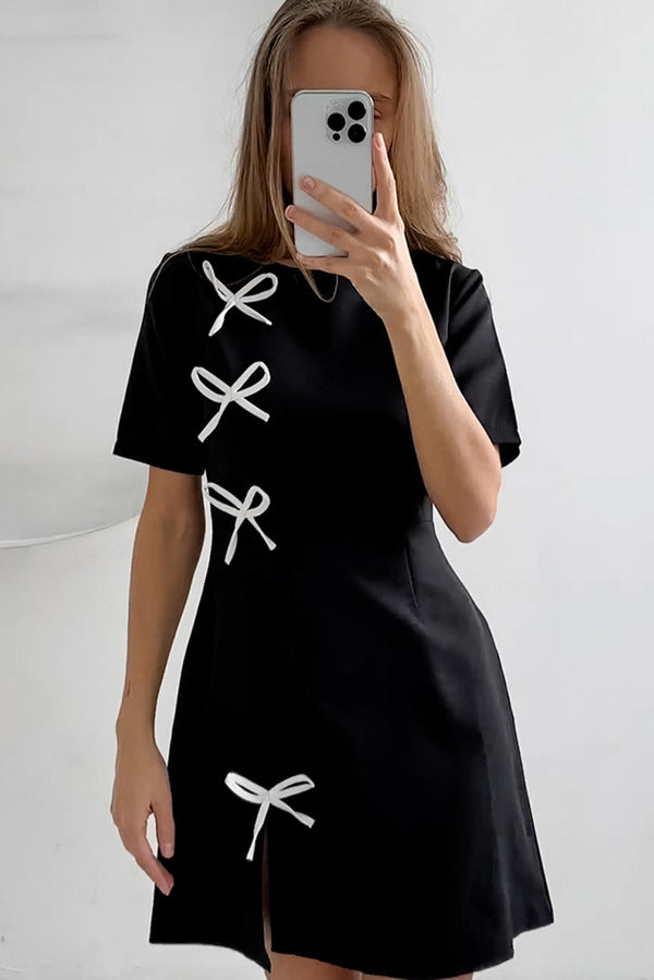 Black New Chinese Style Round Neck Bow Short Dress