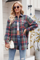 Dark Blue Plaid Chest Pocket Button Front Shirt