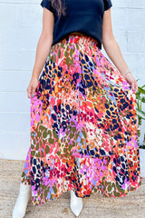 White Abstract Print High Waist Maxi Skirt