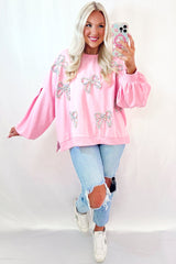 Light Pink Sweet Bow Lantern Sleeve Oversized Pullover Sweatshirt