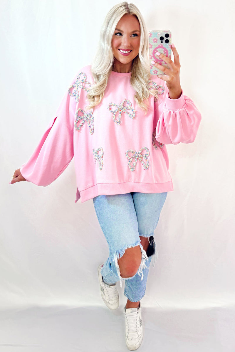 Light Pink Sweet Bow Lantern Sleeve Oversized Pullover Sweatshirt