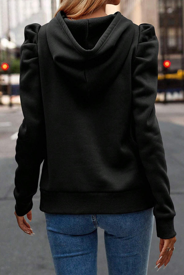 Black Solid Color Ruched Puff Long Sleeve Hoodie