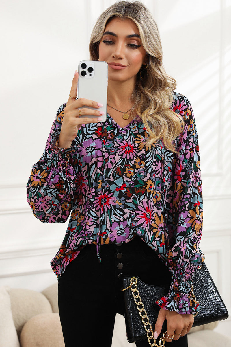 Multicolor Floral Boho Tie V Neck Peasant Blouse