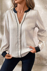 White Colorblock Edge Long Sleeve V Neck Textured Blouse