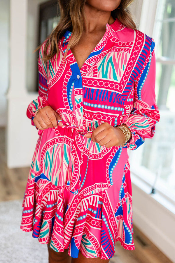 Rose Boho Abstract Print Lantern Sleeve Drawstring Waist Ruffle Mini Dress