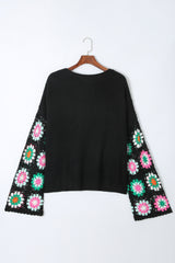 Black Floral Crochet Bell Sleeve Loose Knit Sweater