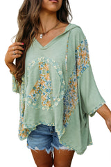 Aqua Peace Sign Floral Patchwork V Neck Batwing Sleeve Ribbed Top