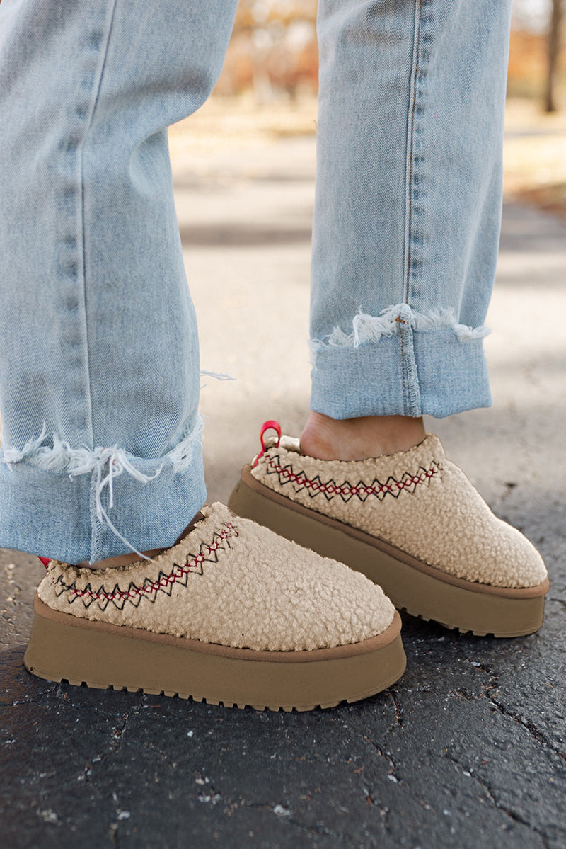 Oatmeal Suede Contrast Plush Thick Sole Slippers