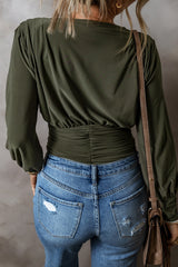 Moss Green Wrap V Neck Ruched Long Sleeve Bodysuit