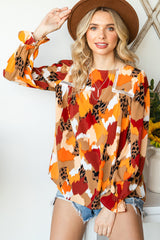 Multicolor Abstract Print Boho Ruffle Puff Sleeve Blouse