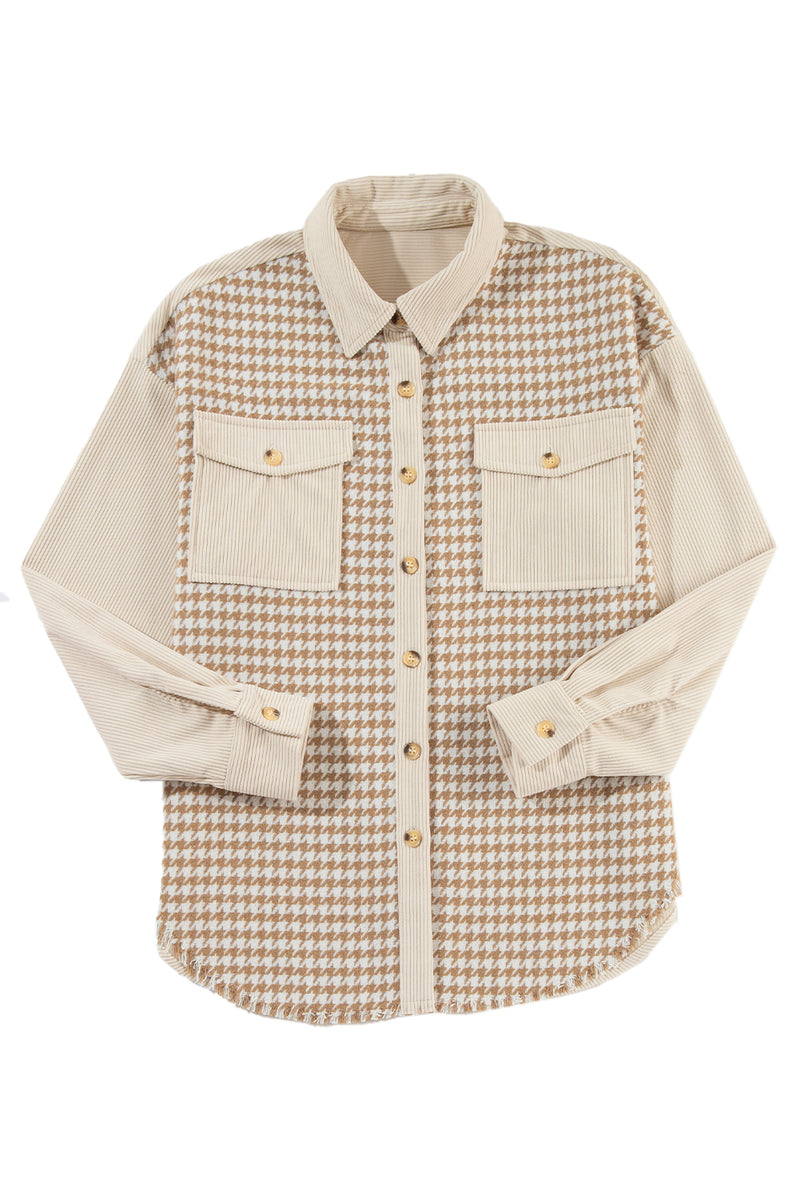 Parchment Houndstooth Corduroy Patchwork Flap Pocket Shacket