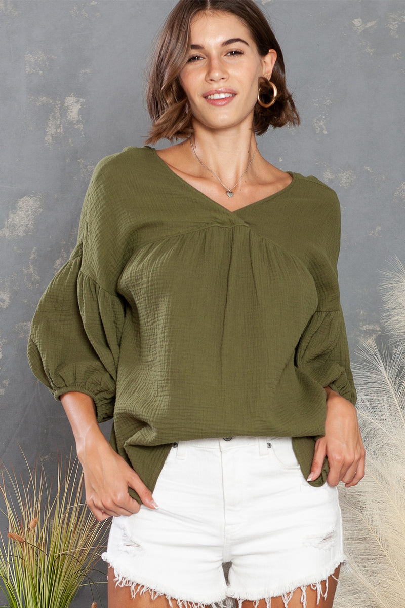 Green Solid Color Gauze Casual V Neck Top for Women