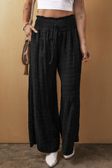 Black Textured Wide Smocked Waist Loose Pants